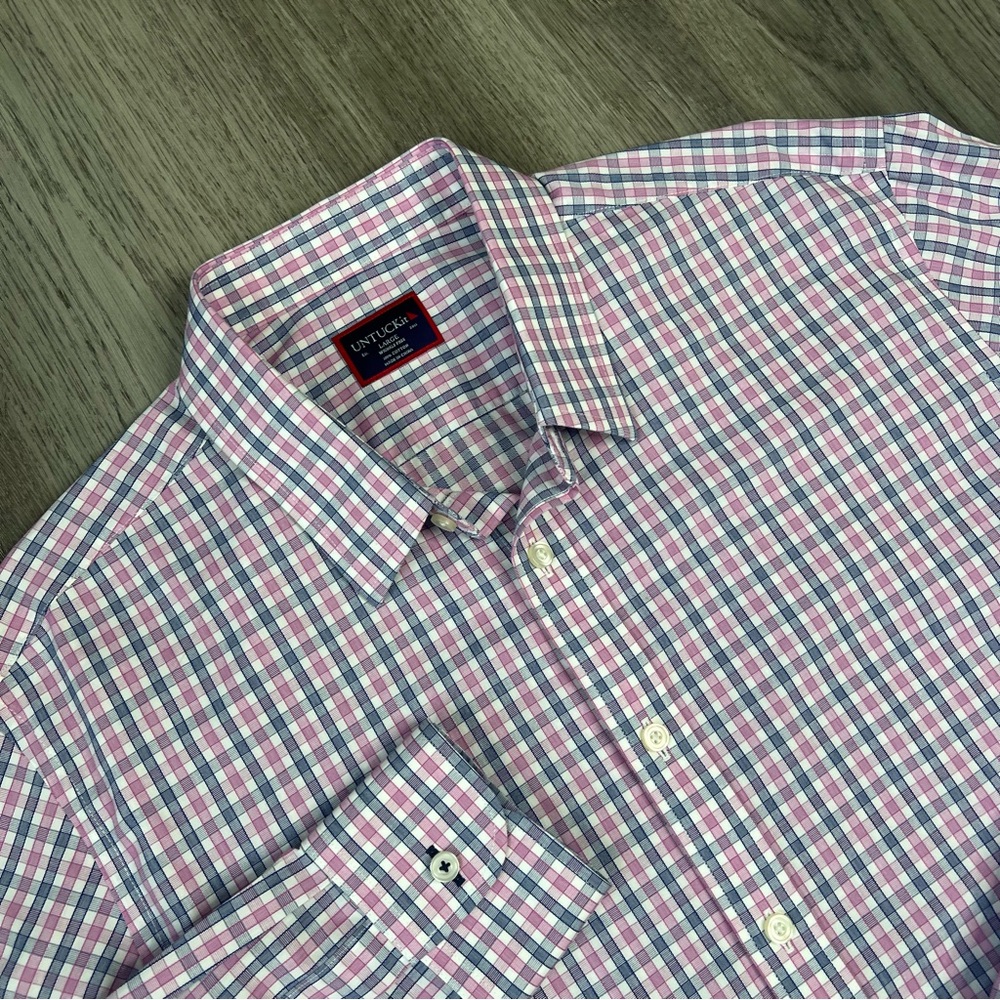 UNTUCKit Shirt Mens Large Pink‎ Blue Gingham Wrinkle Free Button Up Long Sleeve
